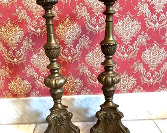 Antique Brass Church Candlesticks Pair 63cm Altar Gothic Style