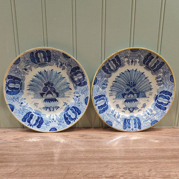 Antique Dutch Delft's Blue Decorative Peacock Plates - Porseleinen Klauw - Early 19th century - earthenware plates - Netherlands Delft