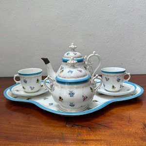 RARE service tête-à-tête du XIXe siècle - Ensemble de 8 pièces - Ensemble en porcelaine antique peint à la main - Non marqué