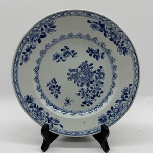 19th Century Antique Hand-Painted Blue and White Floral Plate – 19th Century Delft Style – 23 cm