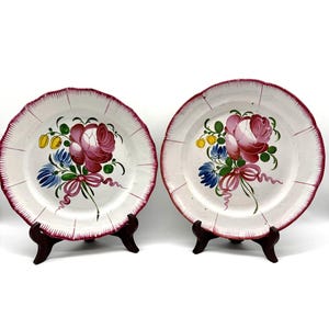 Antique French Faience Plates: Hand-Painted Floral Design, 19th Century Pottery