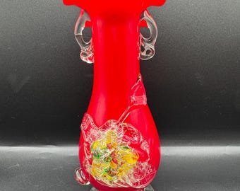 Murano red opaline glass vase – 20.5 cm – applied handles & flower decor