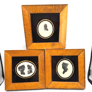 Set of 3 Framed Silhouette Portraits – Vintage Neoclassical Style – Black & White Profile Art – 20th c. – Veneer Frames – Wall Decor