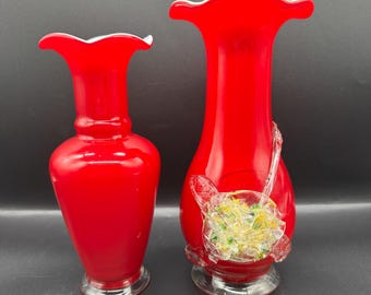 Murano red opaline glass vase – 20.5 cm – applied handles & flower decor