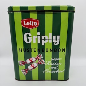 Vintage Griply Cough Drops Tin | Green German Advertising Candy Box by Lolly Werke Völklingen Saar | Apothecary Storage Canister