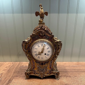 Antique French Boulle Clock: Tortoise, Brass Inlay, Bronze Rooster