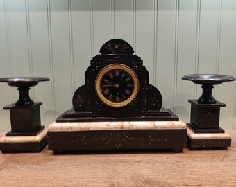 Beautiful antique 3 piece clock garniture - natural stone - marble - decorated