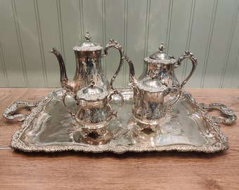 Grand service à thé et café 5 pièces en métal argenté - Service à thé et café de style Louis XIV - Qualité lourde
