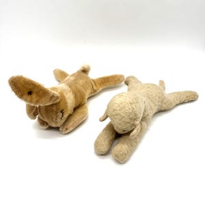 Early 1950s Steiff Lying Bunny & Lamb – Mohair Plush Animals – Bunny with Button and Label – Lamb with Button Hole Only