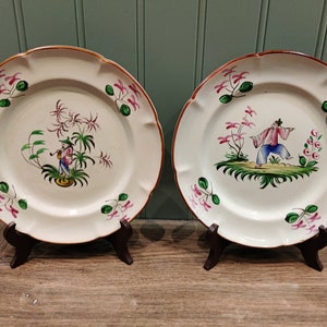 Pair of 19th century earthenware plates with Asian decor Asian inspired decorative plates Handpainted image 10