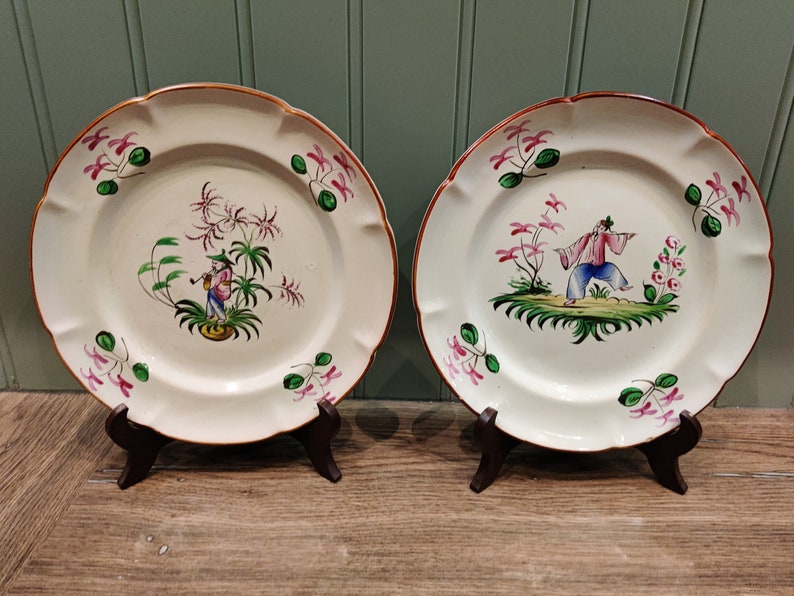 Pair of 19th century earthenware plates with Asian decor Asian inspired decorative plates Handpainted image 10