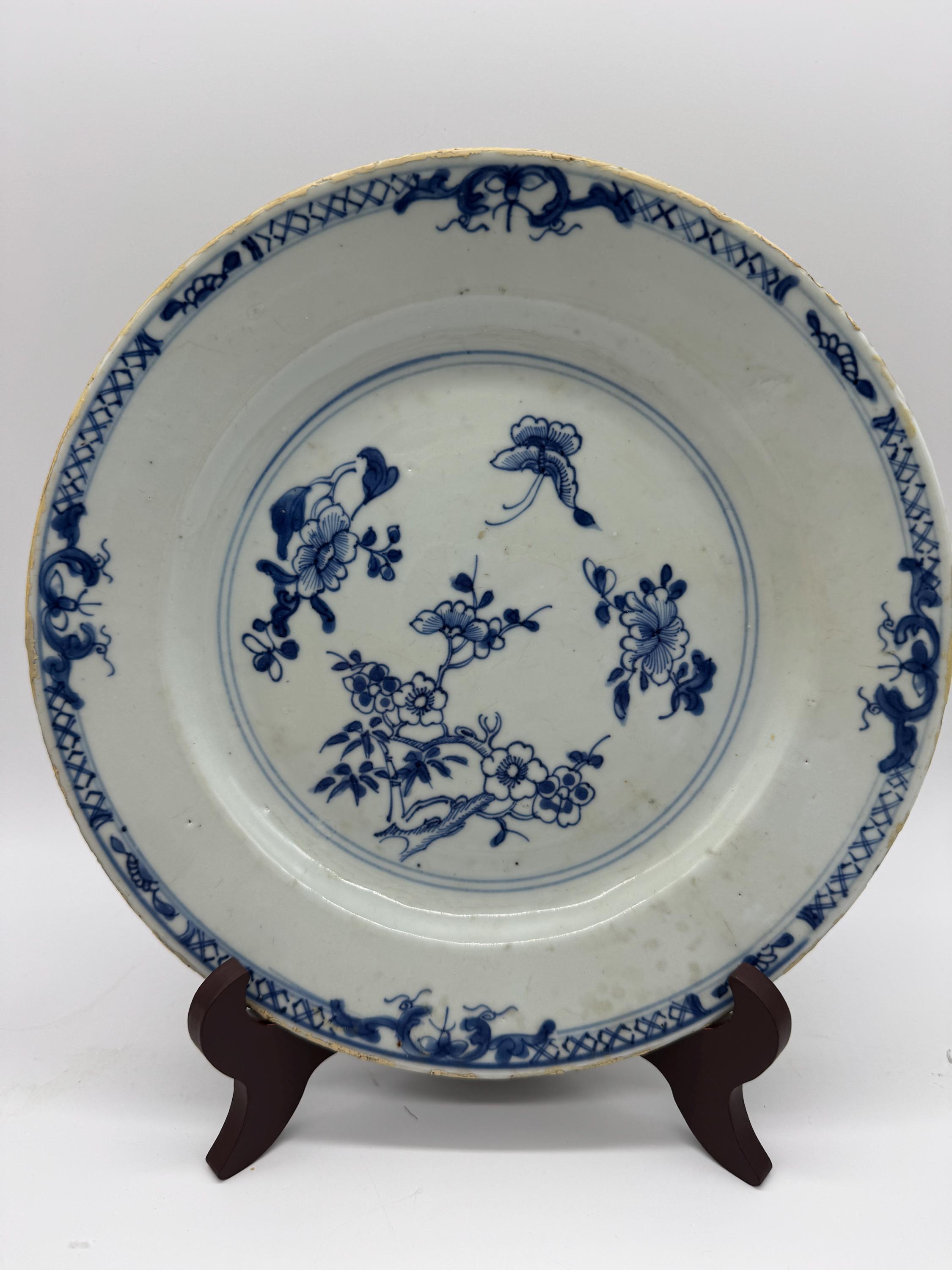 アンティーク中国輸出皿（3枚セット）- 青と白の花模様、乾隆様式