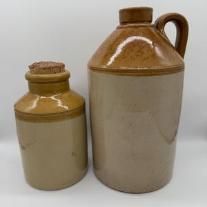 Antique English Stoneware Jugs – G.F. Keysell Ludlow and Whittington Moor Chesterfield – Salt-Glazed with Lid & Iron Closure -Sold per piece