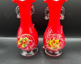 Murano Red Art Glass Vase Pair – 17 cm – Handblown Applied Flowers – DAMAGE / AS-IS