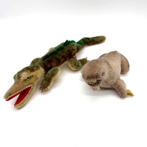 Vintage Steiff Walrus 1414/10 and Gaty Crocodile Plush – 1950s Mohair Animals – Button and Tag – Collectible German Toys