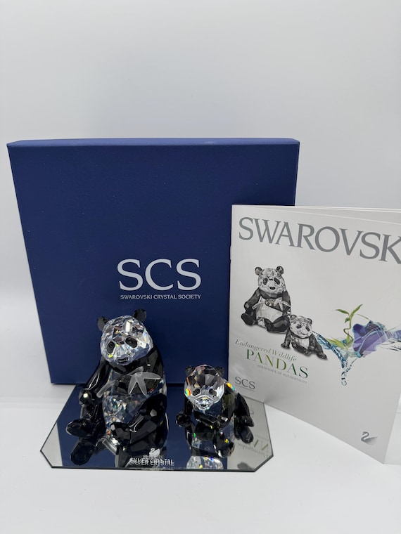 Retired Swarovski Crystal Panda Set – Mother and Baby, Bamboo