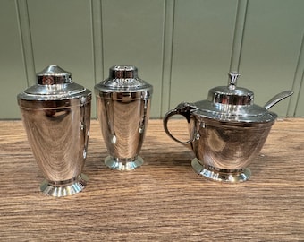 3 piece lot of vintage silverplate items - Silver plate salt and pepper shaker - mustard jar -  Silverplate table decoration