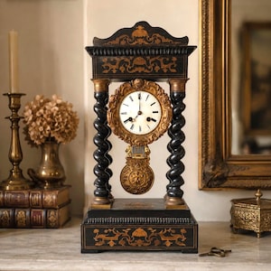 Antique French Napoleon III Column Mantel Clock – Ebonized Wood Marquetry Clock – 19th Century