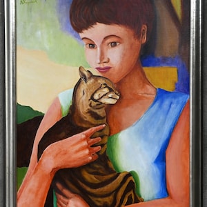 Schilderij van meisje met kat moderne - Marcel Ruyssinck - olieverf op doek - met kader