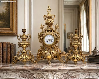 Antique Japy Frères Mantel Clock Garniture – Rococo Revival – Gilt Metal – c.1885–1895