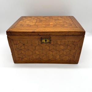 Rare Antique Parqueterie Wooden Vanity Box – 19th Century Geometric Inlay Inside & Out, Personalized &quot;Victorina&quot;