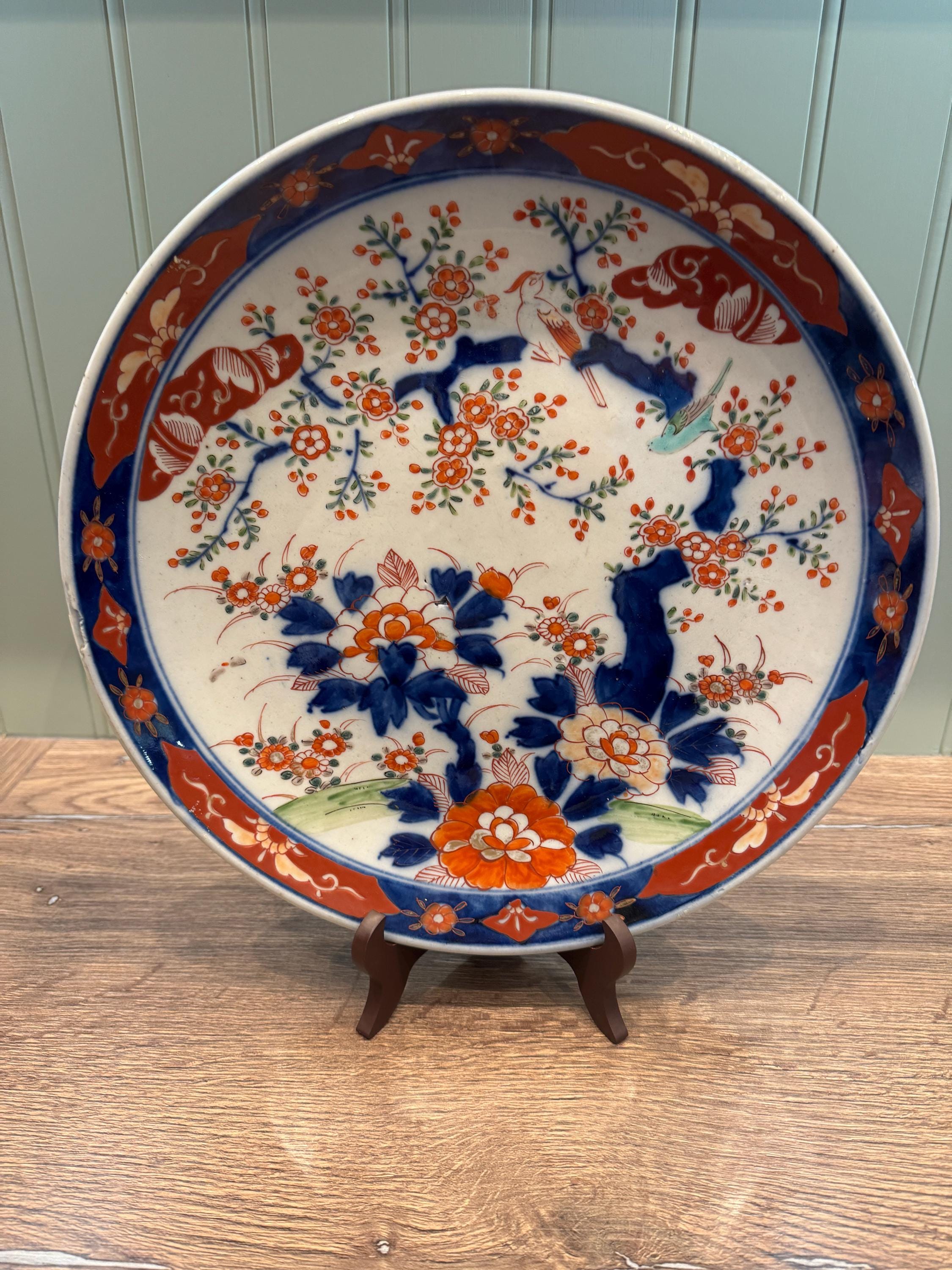 伊万里 花柄 皿 明治時代 明治時代 古伊万里 染錦 細密画 上作品 花に四色彩文様 21.9cm 皿の