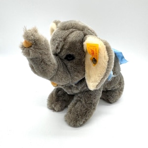 Vintage Steiff Elephant 081408 with Blue Ribbon – Gray Plush, Button and Tag – ca. 1995–2002 Germany