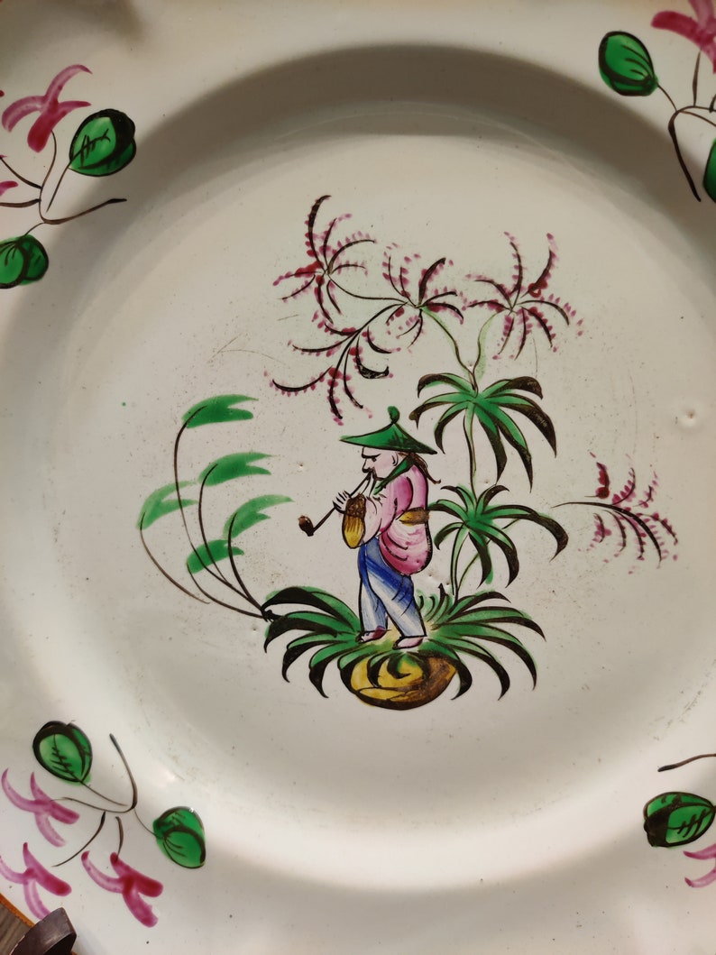 Pair of 19th century earthenware plates with Asian decor Asian inspired decorative plates Handpainted image 7