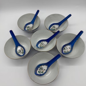 Vintage chinesische Porzellanschale & Löffel - handbemaltes Kranich-Design, Blau und Gold (6-er Set)
