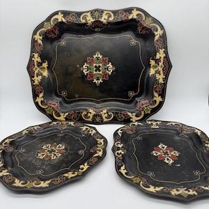 Antique Set of Three Hand-Painted Rococo-Style Metal Trays – 19th Century Decorative Serving Trays