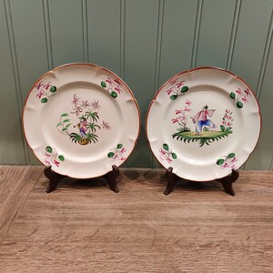 Pair of 19th century earthenware plates with Asian decor Asian inspired decorative plates Handpainted image 2