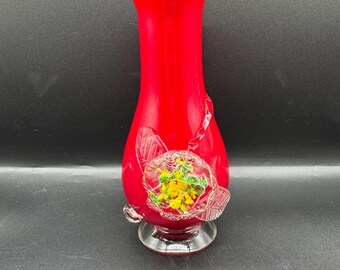 Murano Red Art Glass Vase – 20.5 cm – Handblown – Applied Flowers - DAMAGE/AS IS