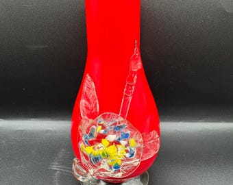 Murano Red Art Glass Vase – 20.5 cm – Handblown – Applied Flowers