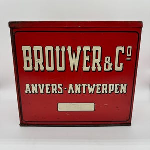 Large Vintage Brouwer & Co Anvers-Antwerpen Advertising Tin Box – Red Belgian Storage Canister with Chef Illustration