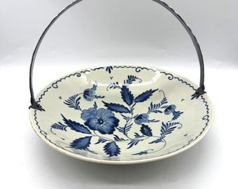 Ciotola vintage in ceramica blu di Delft con manico placcato in argento - Ciotola in ceramica olandese dipinta a mano
