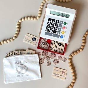 Wooden cash Register Children’s pretend play cash register wooden money wooden cards wooden coins kids store play store