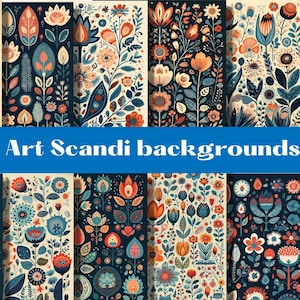 Folk Art Scandi digital papers, backgrounds, digital scrapbook paper pack, 24 decorative papers, floral folk art