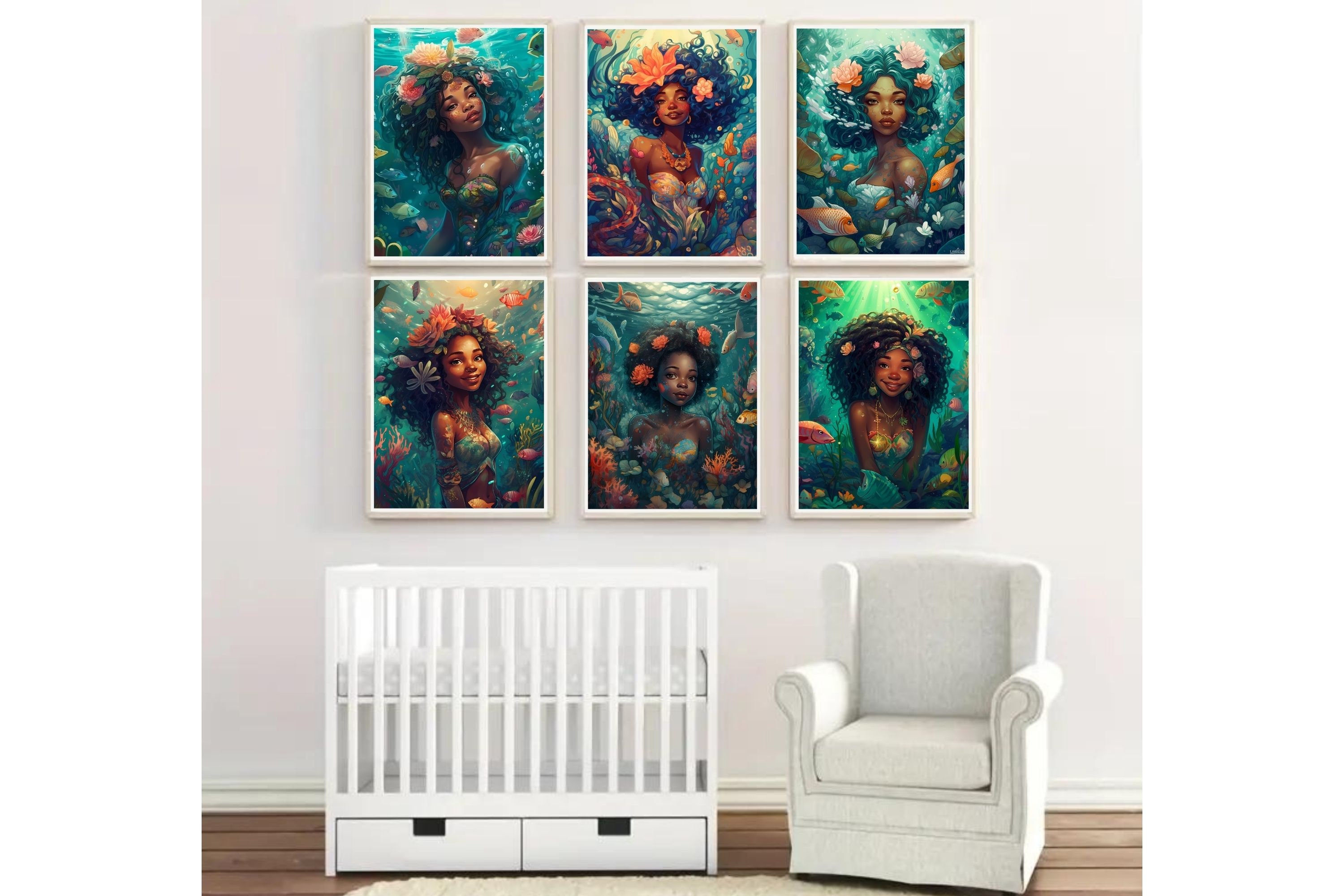 Mermaids and Coral Reef Full Page Color Wall Art, 6 Printable Mermaids ...