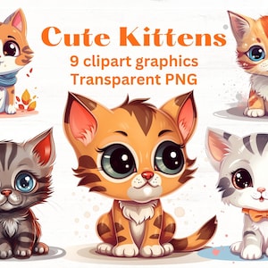 LINDOS GATITOS y GATOS ilustraciones de imágenes prediseñadas, 9 imágenes prediseñadas, archivos png transparentes, lindos gatos y gatitos, imágenes prediseñadas de dibujos animados, ojos grandes