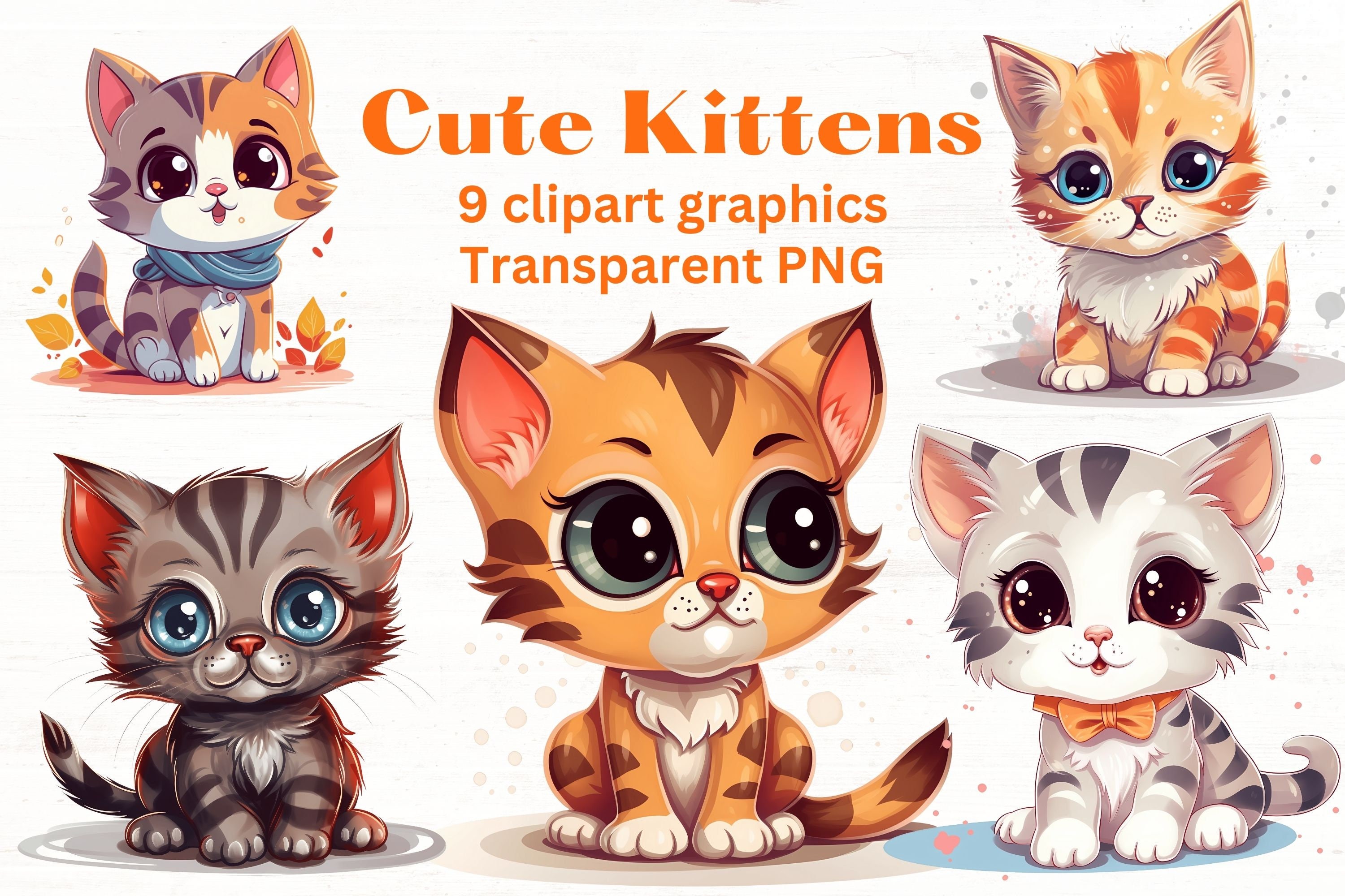 CUTE KITTENS and CATS Clipart Illustrations, 9 Clip Art Images