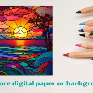 May include: A square digital paper featuring a stained glass style sunset over a sea with trees on the sides, rendered in vibrant red, orange, yellow, blue, and purple hues. The text "Square digital paper or background." is printed below.