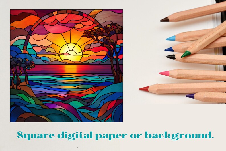 May include: A square digital paper featuring a stained glass style sunset over a sea with trees on the sides, rendered in vibrant red, orange, yellow, blue, and purple hues. The text "Square digital paper or background." is printed below.