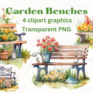 Bancos de jardín con imágenes prediseñadas de flores, fondo transparente png, imágenes prediseñadas de jardinería, 4 archivos png