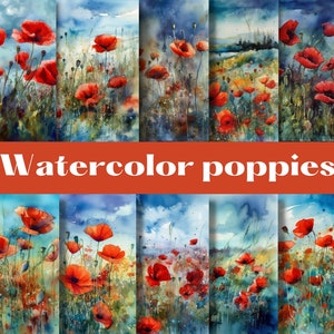 Papeles digitales de acuarela de amapolas, fondos, patrón floral, paquete de papel de álbum de recortes digital, 12 papeles decorativos, cielo azul de amapolas rojas