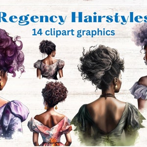 Regency hairstyles clipart, transparent png, woman of color regency fashion necklines with elegant hairstyles vintage clip art, black women