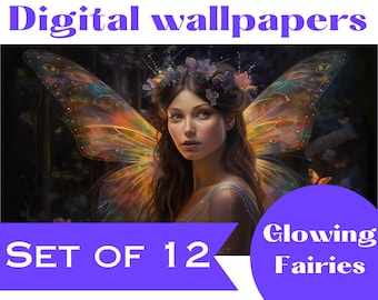 Set of 12 Glowing Fairy photorealistic digital wallpapers or backgrounds, 16:9 size, Art Nouveau style, magical forests, instant download