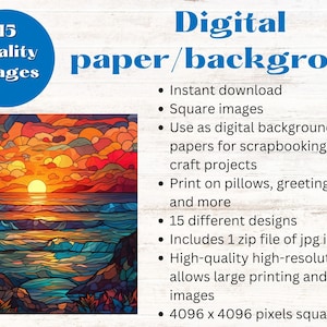 May include: A digital set of 15 square images featuring a stained glass style sunset over the ocean. The artwork displays vibrant orange, red, and yellow clouds above blue waves. Text includes Digital paper/background, 15 quality images, and 4096 x 4096 pixels square.