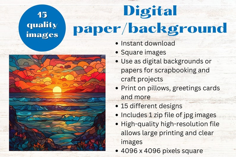 May include: A digital set of 15 square images featuring a stained glass style sunset over the ocean. The artwork displays vibrant orange, red, and yellow clouds above blue waves. Text includes Digital paper/background, 15 quality images, and 4096 x 4096 pixels square.