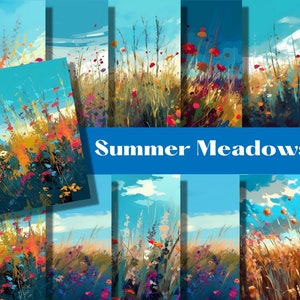 SUMMER MEADOW FLORAL digital papers, backgrounds, digital scrapbook paper pack, 12 decorative papers, summer flowers, watercolor paintings