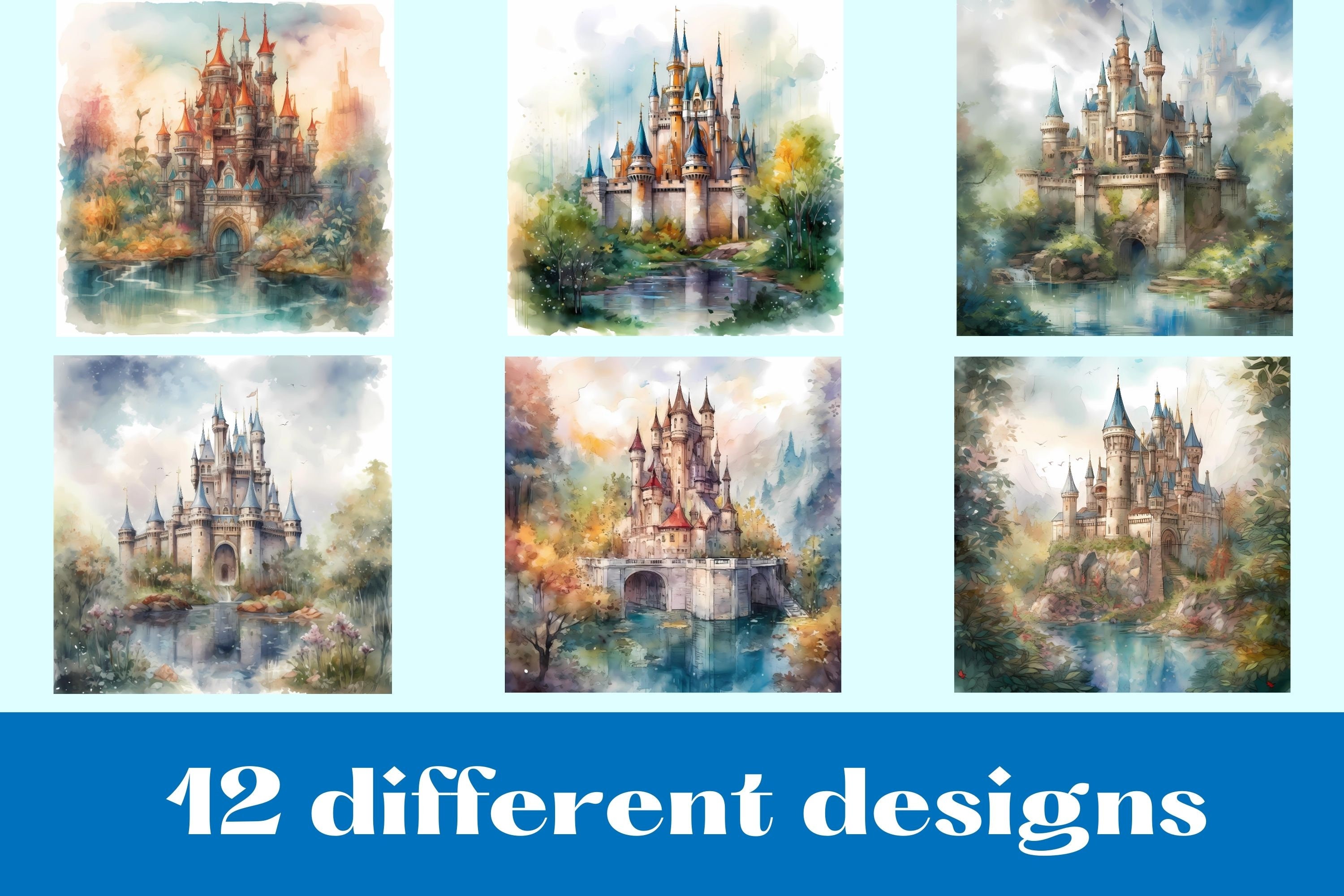 FAIRYTALE CASTLE Watercolor Digital Papers, Backgrounds, Digital ...